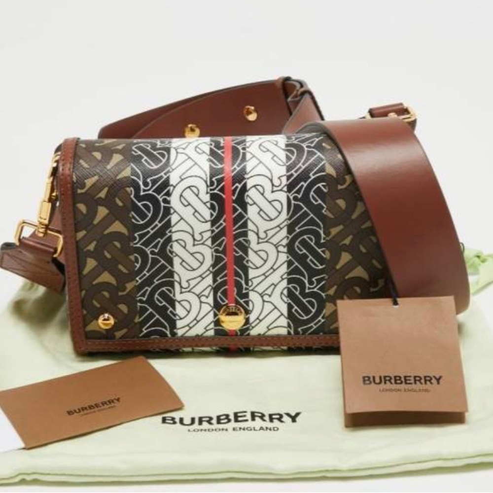 Burberry Brown TB Monogram Stripe Coated Canvas & Leather Hackberry Crossbody